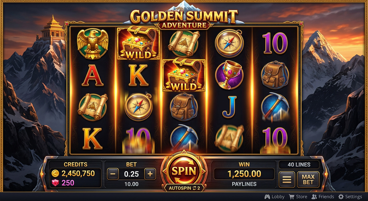 Golden Summit slot game interface showing spinning reels with treasure and adventure themed symbols