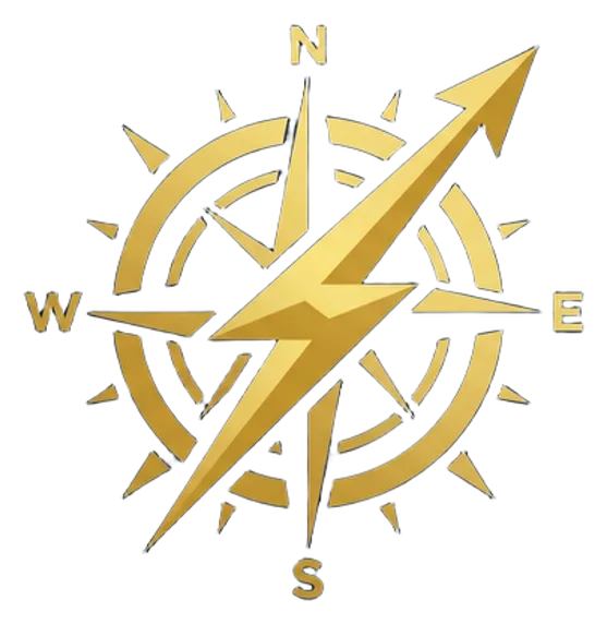 NexRushQuest logo featuring a golden lightning bolt and compass